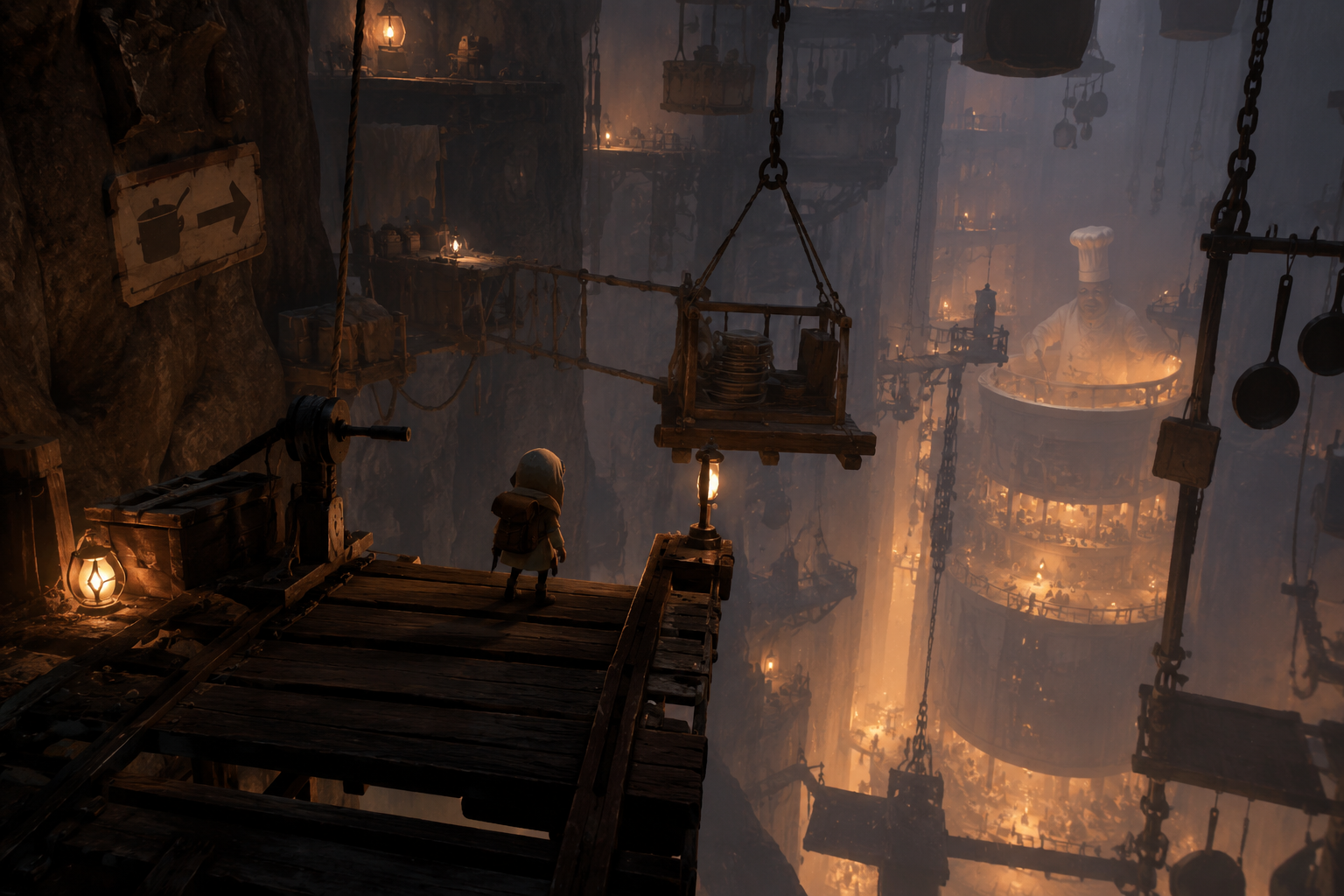 Concept art of a vast cavern with kitchens suspended by chains, warm lanterns, and a small traveler overlooking the depths.